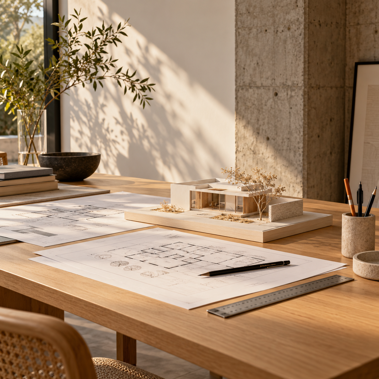 Imagem ilustrativa de mesa de arquitetura com maquete e plantas